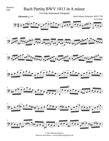 Bach 1723 BWV 1013 Partita in 4 Movements for Bassoon (arr. R G Roth)