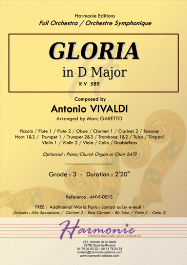 GLORIA RV 589 - Antonio VIVALDI - for Full Orchestra - Arr. Marc Garetto / Optionnal Organ and Choir (arr. Marc GARETTO)