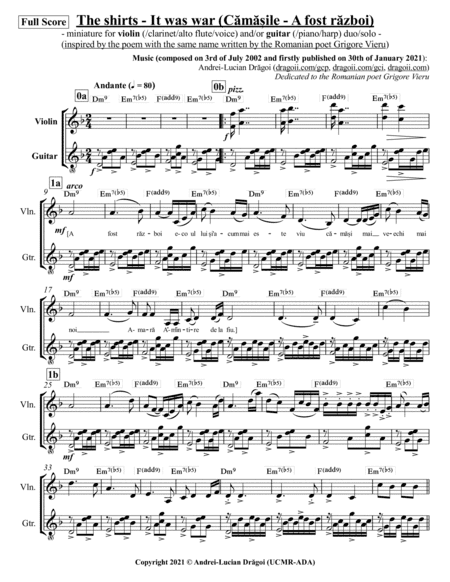 The shirts - It was war (Cama?ile - A fost razboi) - miniature for violin (/clarinet/alto flute/
