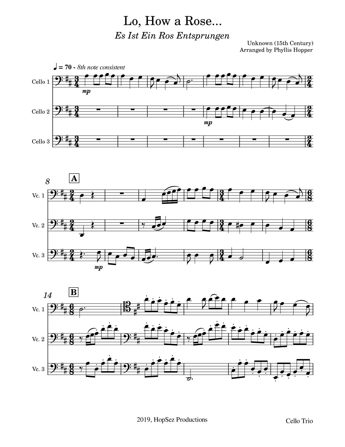 Es Ist Ein Ros Entsprungen - Cello Trio (arr. Phyllis Hopper)