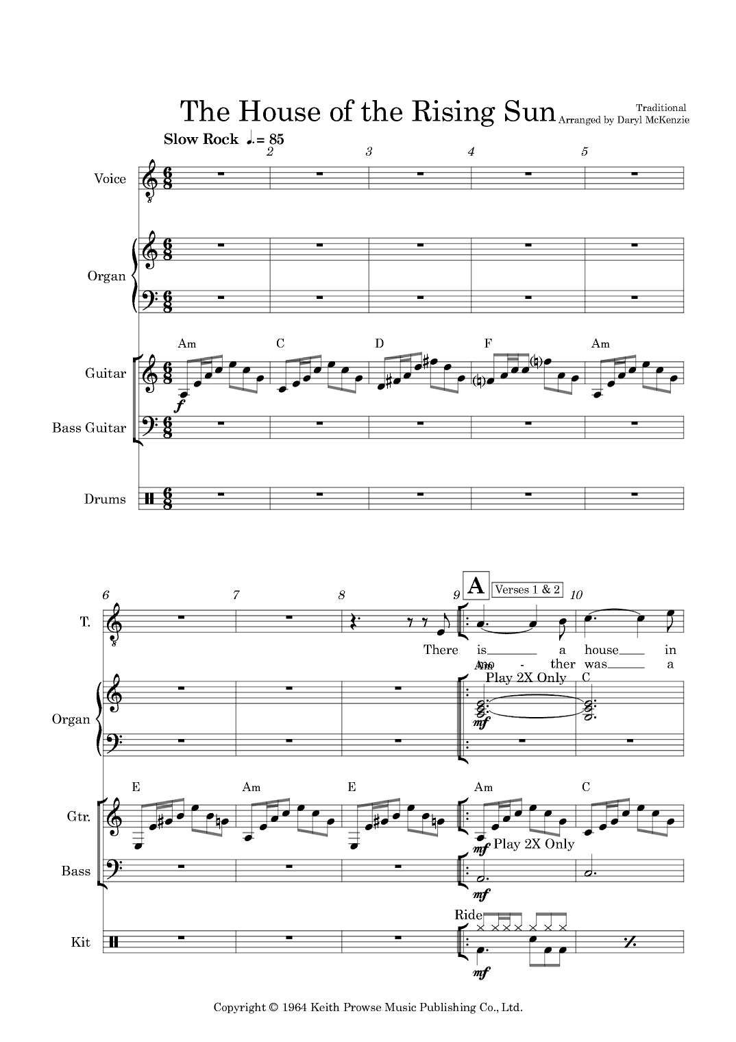 House of The Rising Sun - Vocal with Rock Band Key of Am (arr. Daryl McKenzie)