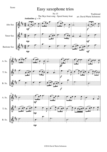 The Skye Boat Song (Speed bonny boat) for saxophone trio (arr. David Warin Solomons)