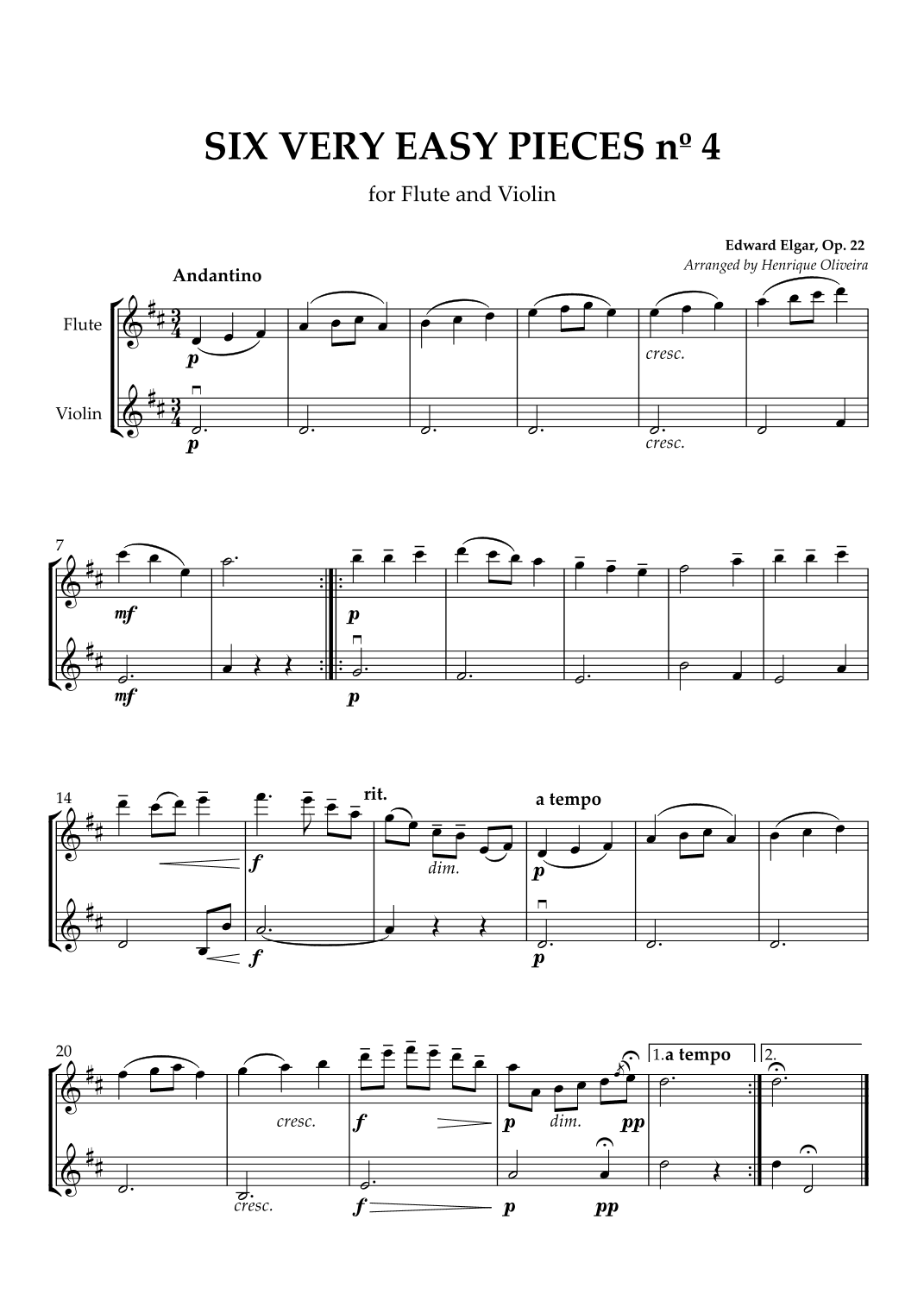 Six Very Easy Pieces nº 4 (Andantino) - Flute and Violin (arr. Henrique Oliveira)