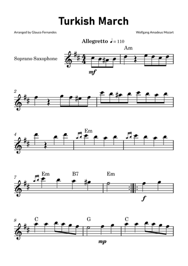 Turkish March by Mozart - Soprano Saxophone Solo with Chord Notations (arr. Glauco Fernandes)