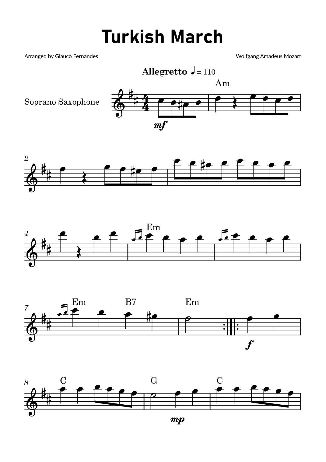 Turkish March by Mozart - Soprano Saxophone Solo with Chord Notations (arr. Glauco Fernandes)
