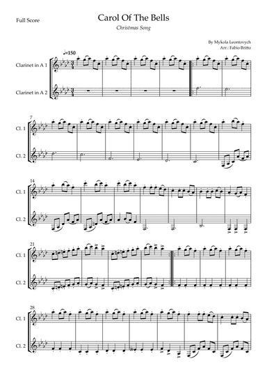 Carol Of The Bells (Christmas Song) for Clarinet in A Duo (D Minor) (arr. Fabio Britto)