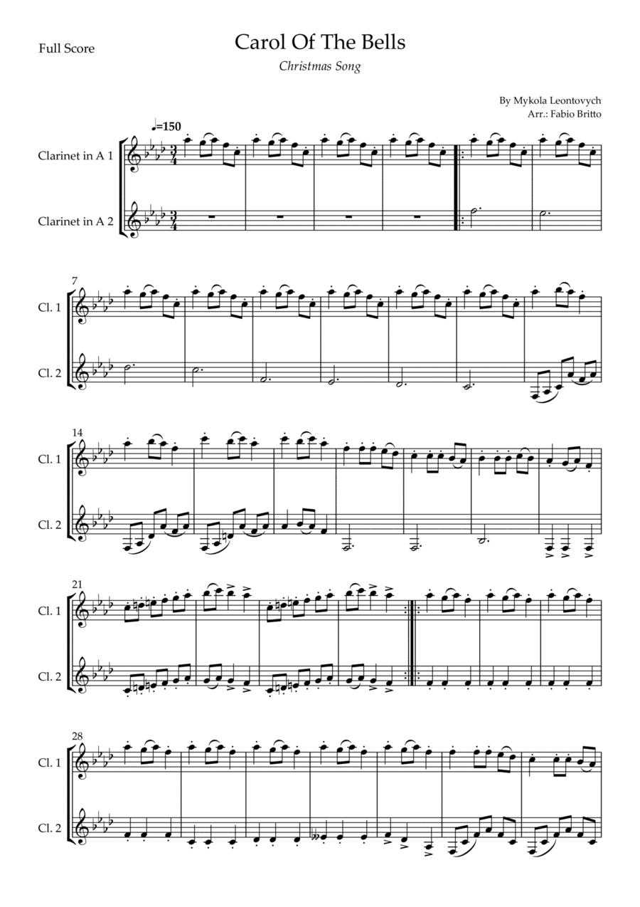 Carol Of The Bells (Christmas Song) for Clarinet in A Duo (D Minor) (arr. Fabio Britto)
