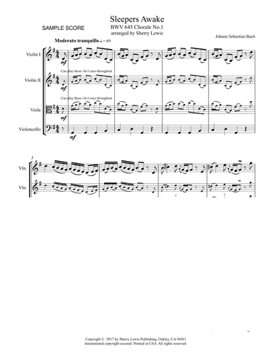 SLEEPERS AWAKE BWV 645 Chorale No.1 String Quartet, Intermediate Level for 2 violins, viola and cell (arr. Sherry Lewis)