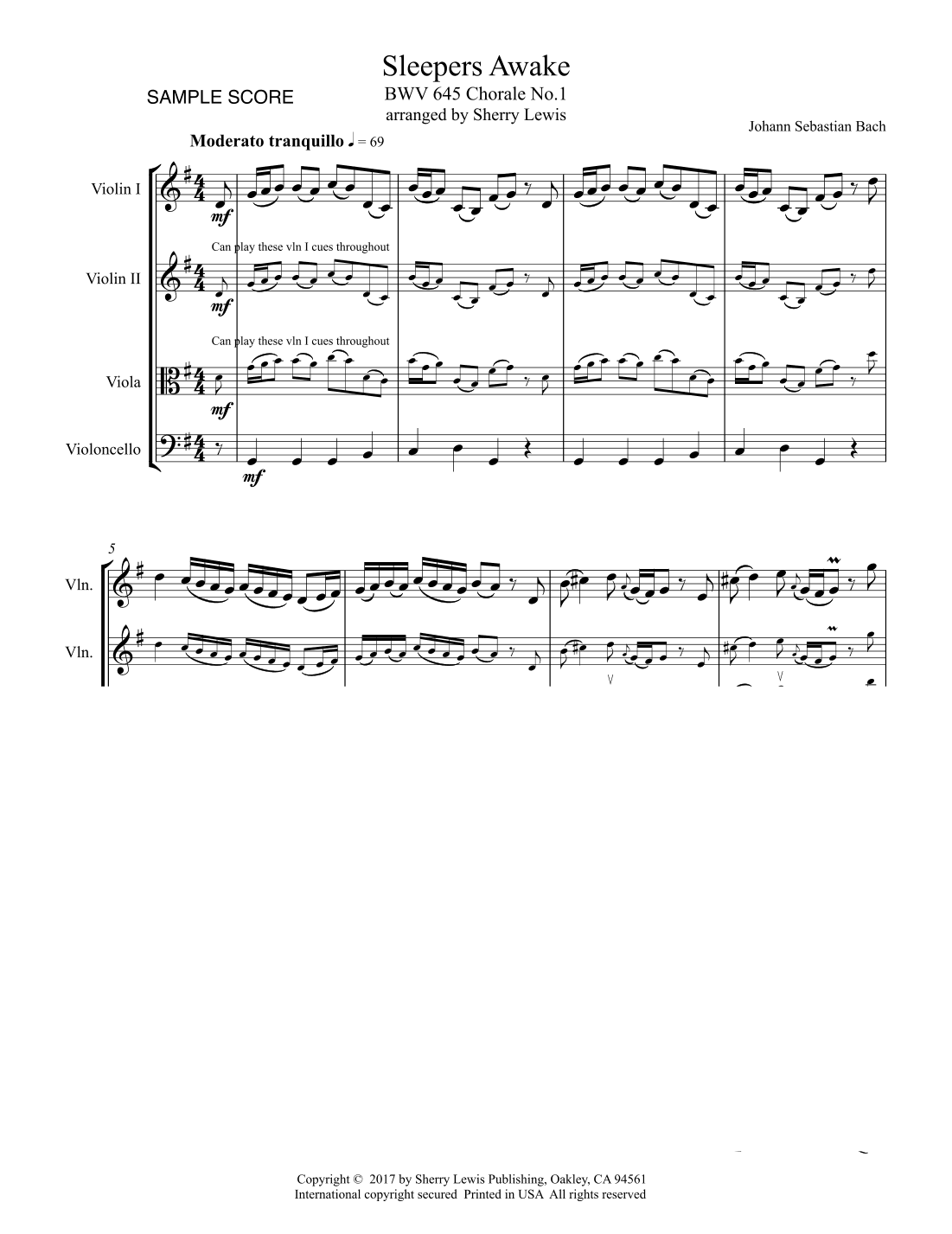SLEEPERS AWAKE BWV 645 Chorale No.1 String Quartet, Intermediate Level for 2 violins, viola and cell (arr. Sherry Lewis)