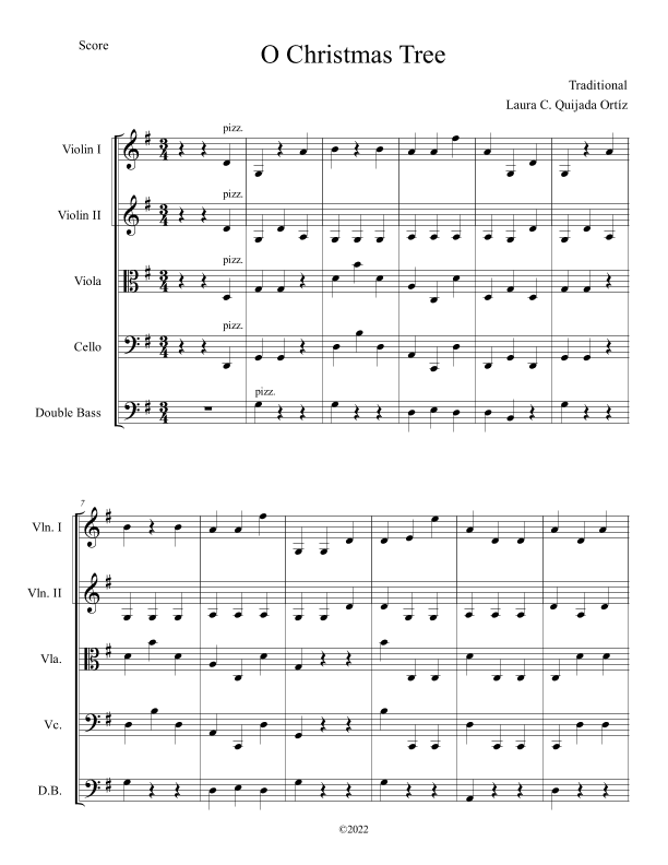 O Christmas Tree. Open strings and first finger. Score and parts. (arr. Laura C. Quijada Ortíz)
