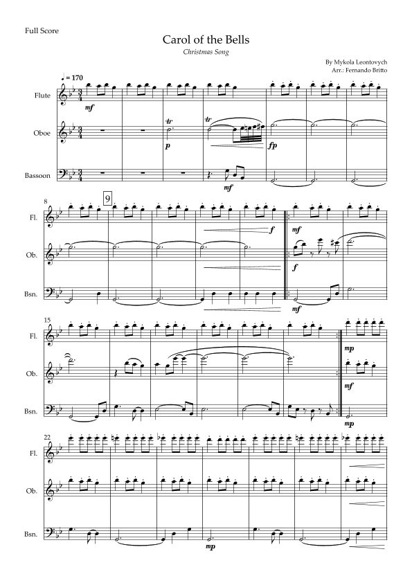 Carol of the Bells in Jazz Version (Christmas Song) for Woodwind Trio (arr. Fabio Britto)