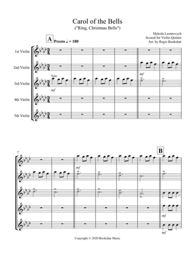 Carol of the Bells (F min) (Violin Quintet) (arr. Regis Bookshar)