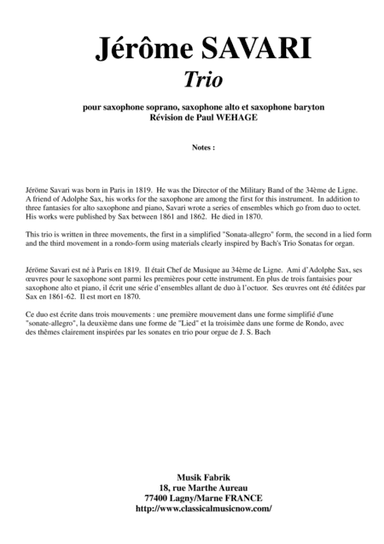 Jérôme Savari:  Trio for soprano saxophone, alto saxophone and baritone saxophone (arr. Musik Fabrik Music Publishing)