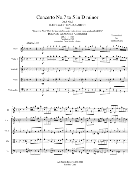 Albinoni - Concerto No.7 to 5 in D minor Op.5 for Flute and String Quartet (arr. Santino Cara)