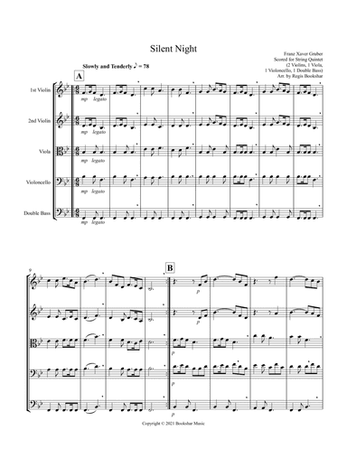 Silent Night (Bb) (String Quintet - 2 Violins, 1 Viola, 1 Cello, 1 Bass) (arr. Regis Bookshar)