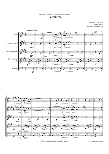 La Paloma - Flute, 2 Clarinets, Bass Clarinet and Bassoon (arr. Anne L Christopherson GRSM ARCM)
