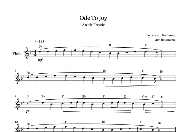 Beethoven - Ode to Joy for violin in Bb with chords. (arr. Heisenberg)