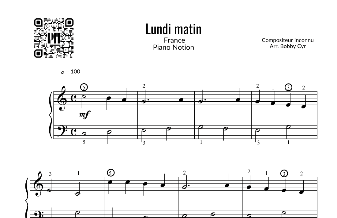 Lundi matin - Comptines (piano facile) (arr. Bobby Cyr - Piano Notion)