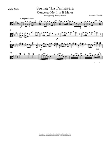 Spring "La Primavera" Concerto No. 1, 1st Mov. for Viola Solo (arr. Sherry Lewis)