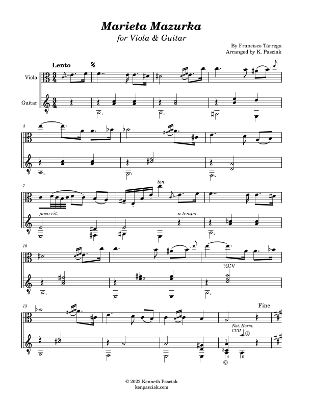 Marieta Mazurka (for Viola and Guitar) (arr. Kenneth Pasciak)