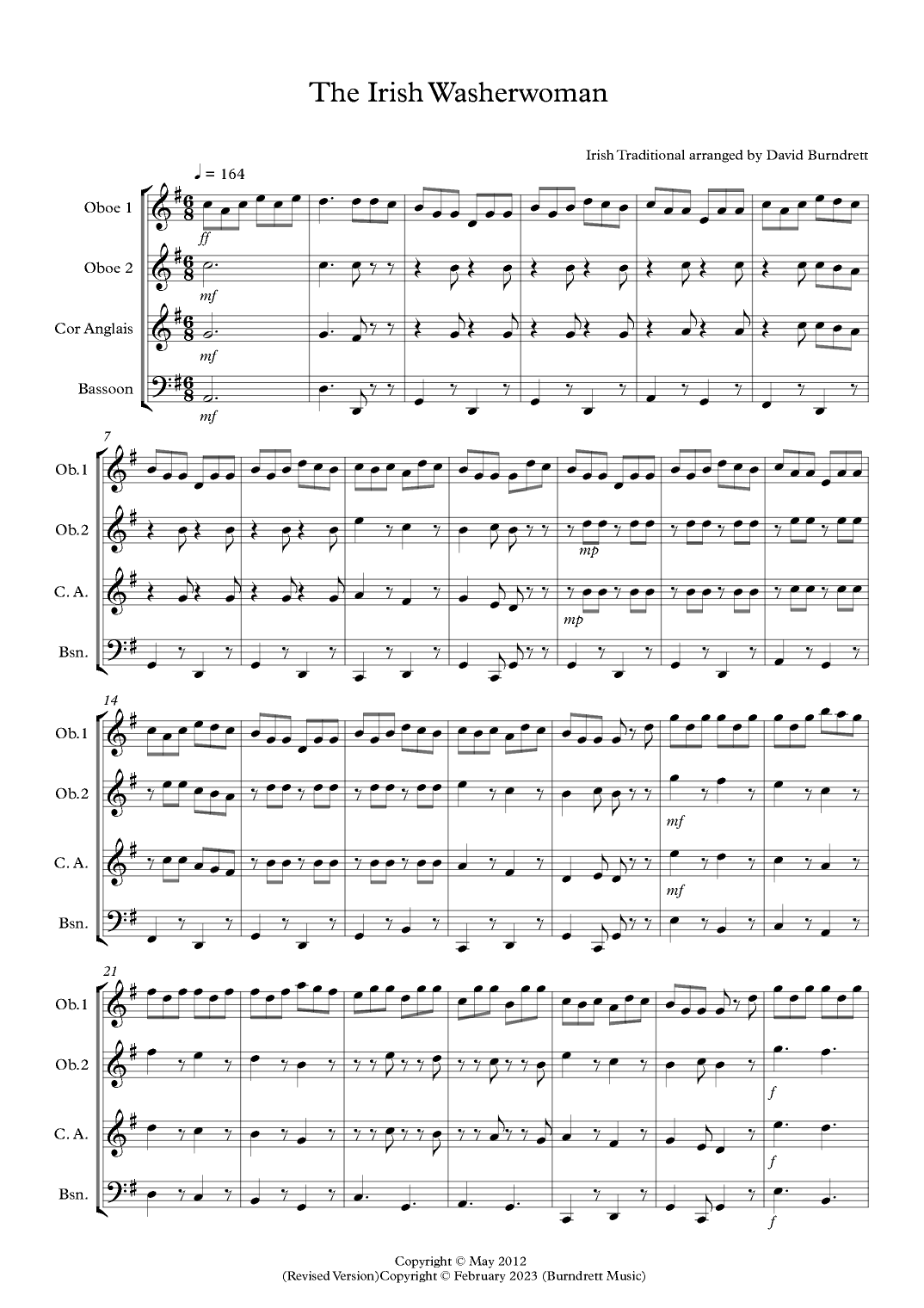 The Irish Washerwoman for Double Reed Quartet (arr. David Burndrett)