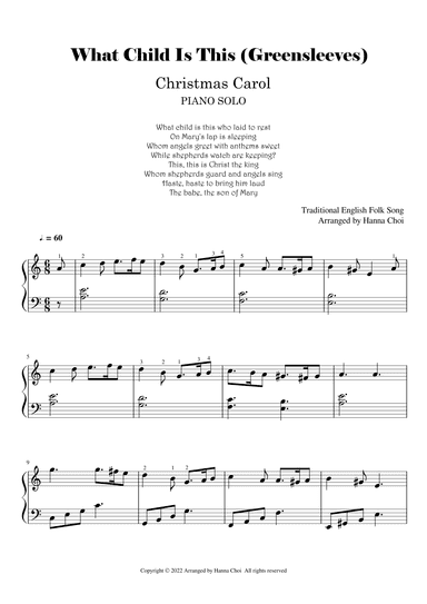 What Child Is This - Christmas Carol (a.k.a Greensleeves) - for Piano Solo (arr. Hanna Choi)