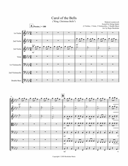 Carol of the Bells (F min) (String Septet - 3 Violin, 1 Viola, 2 Cello, 1 Bass) (arr. Regis Bookshar)