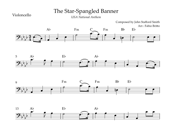 The Star Spangled Banner (USA National Anthem) for Cello Solo with Chords (Ab Major) (arr. Fabio Britto)