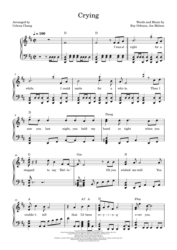 Crying (arr. Celena Chang)
