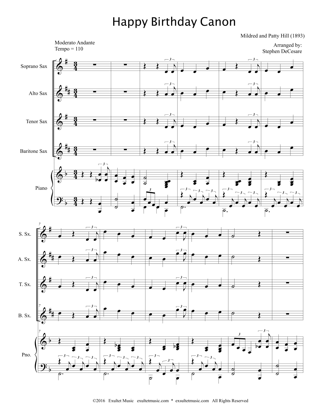 Happy Birthday Canon (Saxophone Quartet and Piano) (arr. Stephen DeCesare)