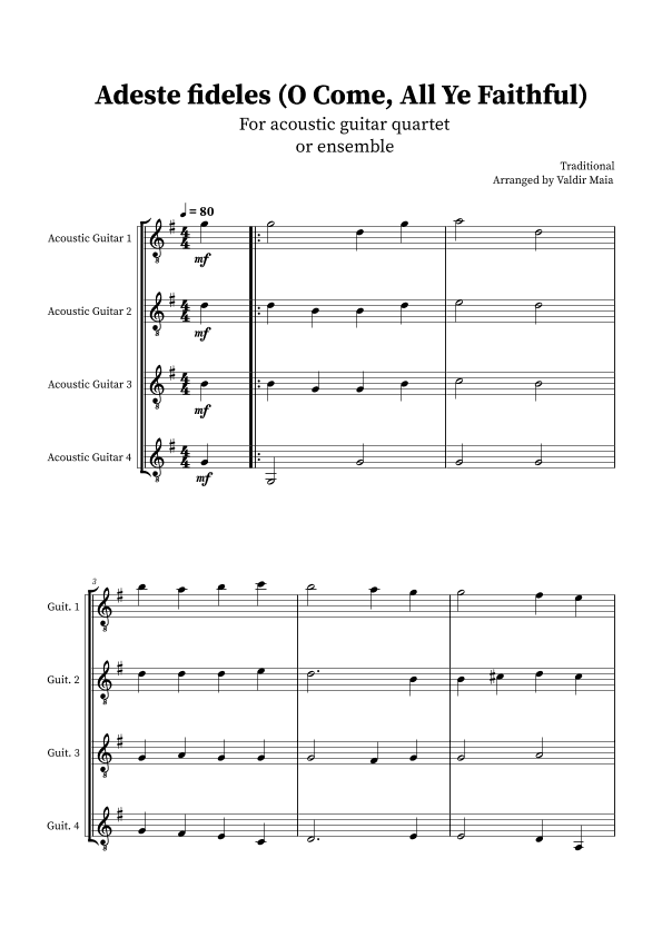 O Come, All Ye Faithful (Adeste Fideles) - Acoustic Guitar Quartet (arr. Valdir Maia)