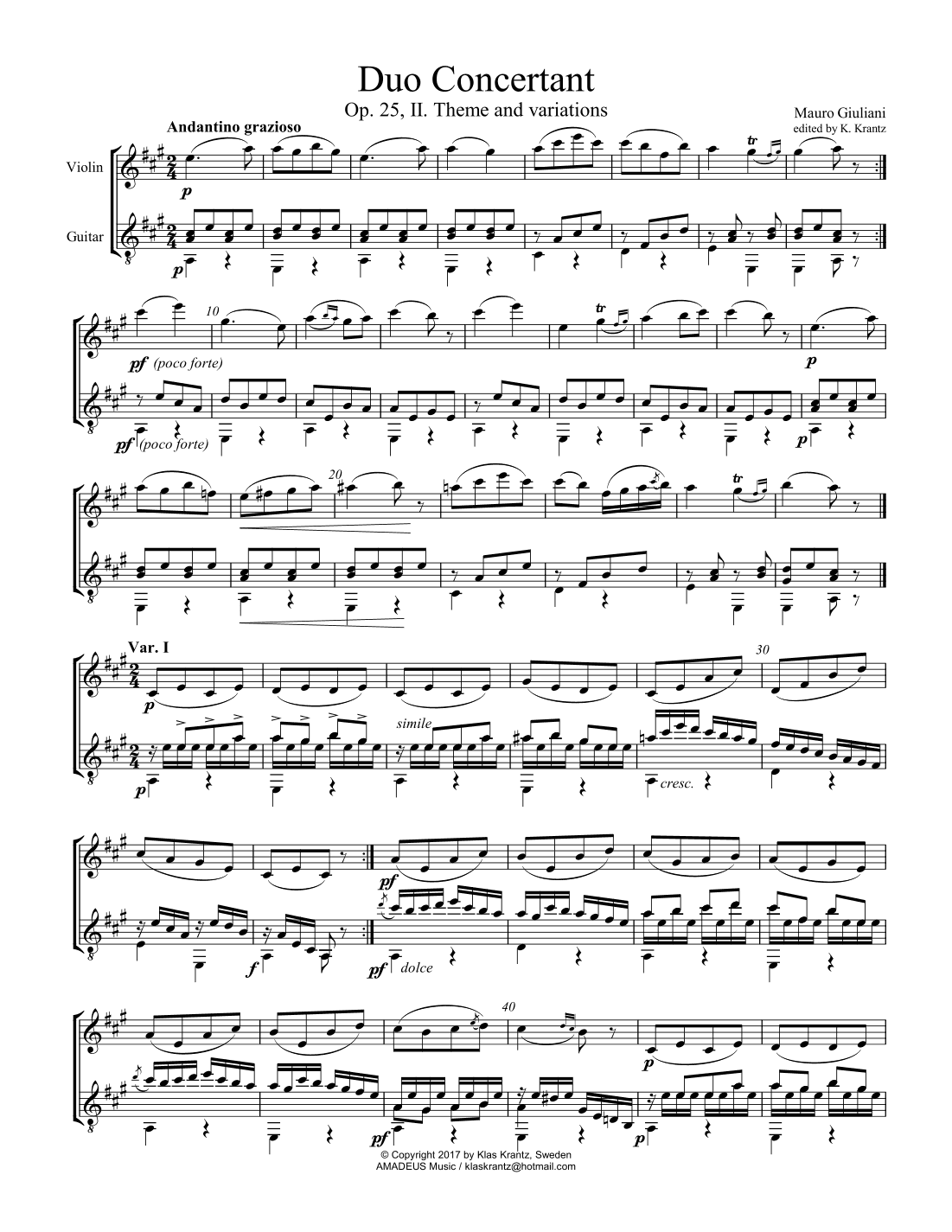 Duo Concertant, Op. 25, Theme and Variations (ii) for violin and guitar (arr. K. Krantz)