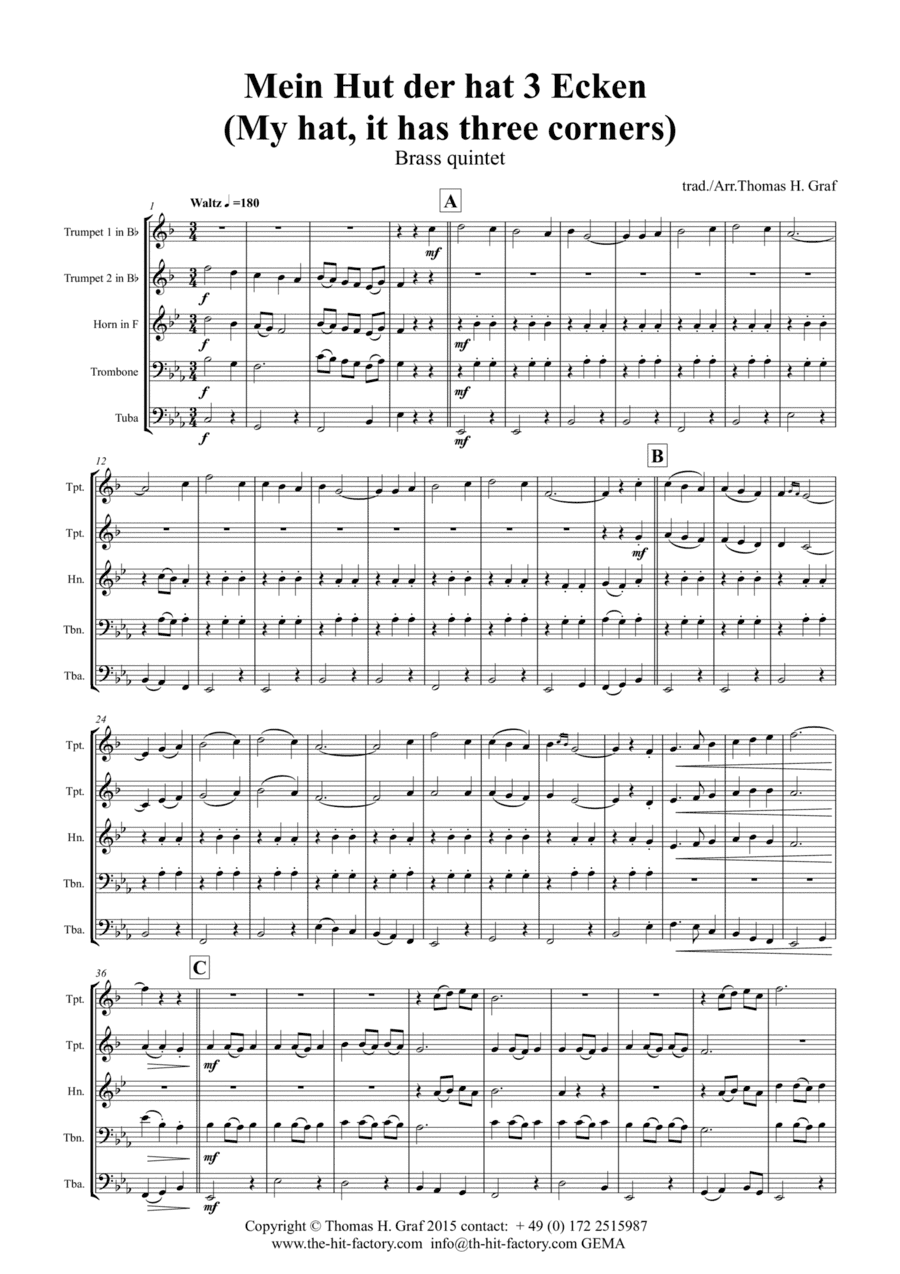 Mein Hut der hat 3 Ecken (My hat, it has three corners) - Folk - Brass Quintet (arr. Thomas Graf)