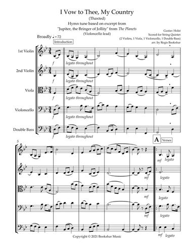 I Vow to Thee, My Country (Thaxted) (Bb) (String Quintet - 2 Violins, 1 Viola, 1 Cello, 1 Bass) (Vio (arr. Regis Bookshar)