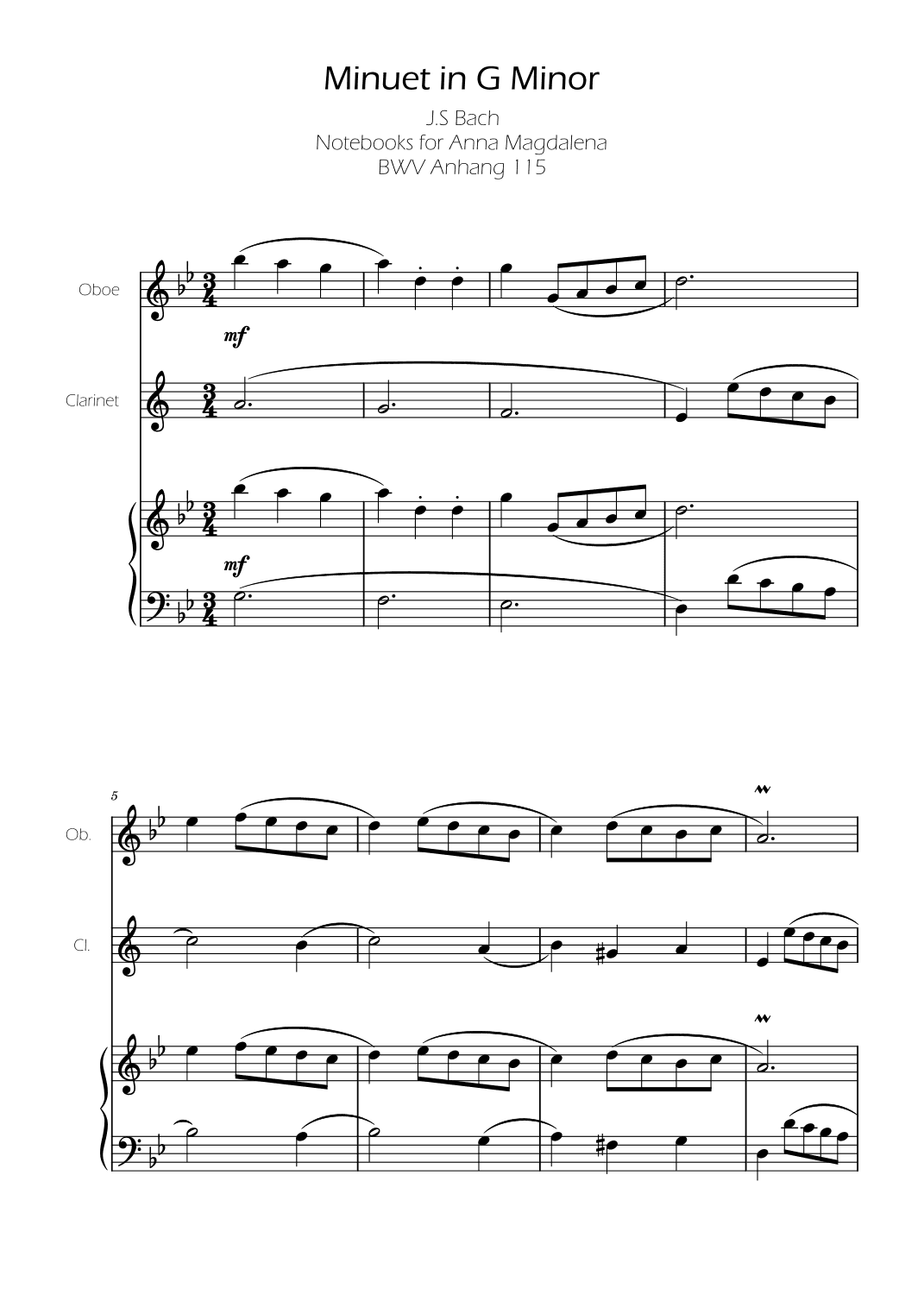 Minuet in G minor BWV Anh. 115 - Bach - Clarinet and Oboe (arr. Ygor Nunes)