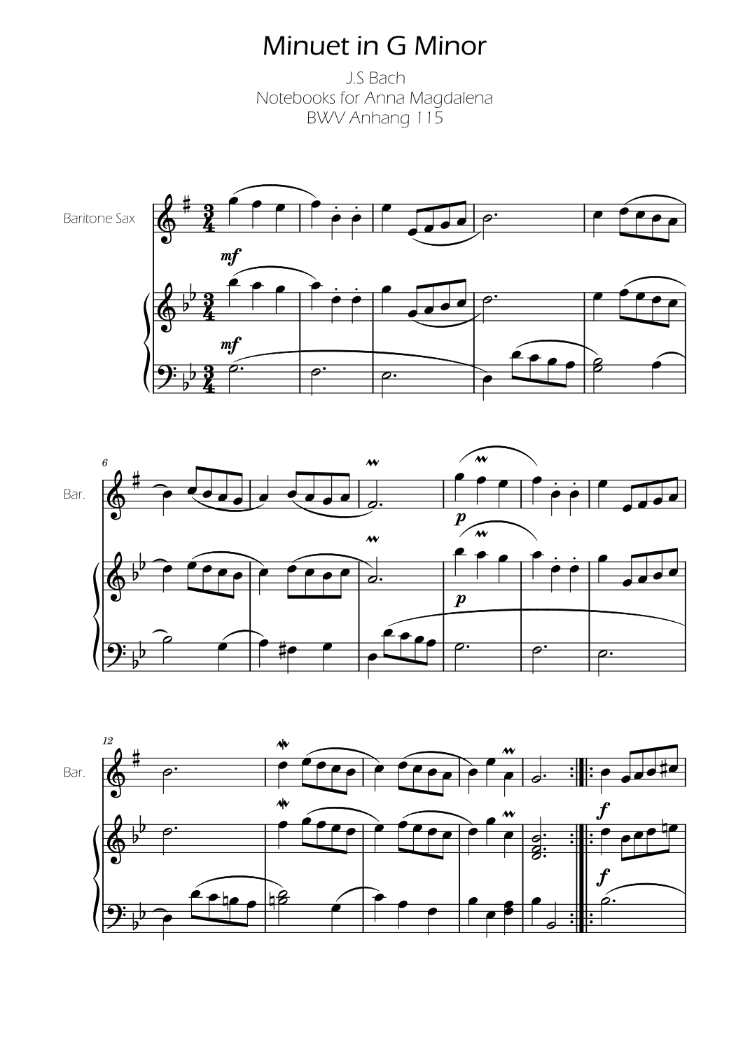 Minuet in G minor BWV Anh. 115 - Bach - Baritone Sax (arr. Ygor Nunes)