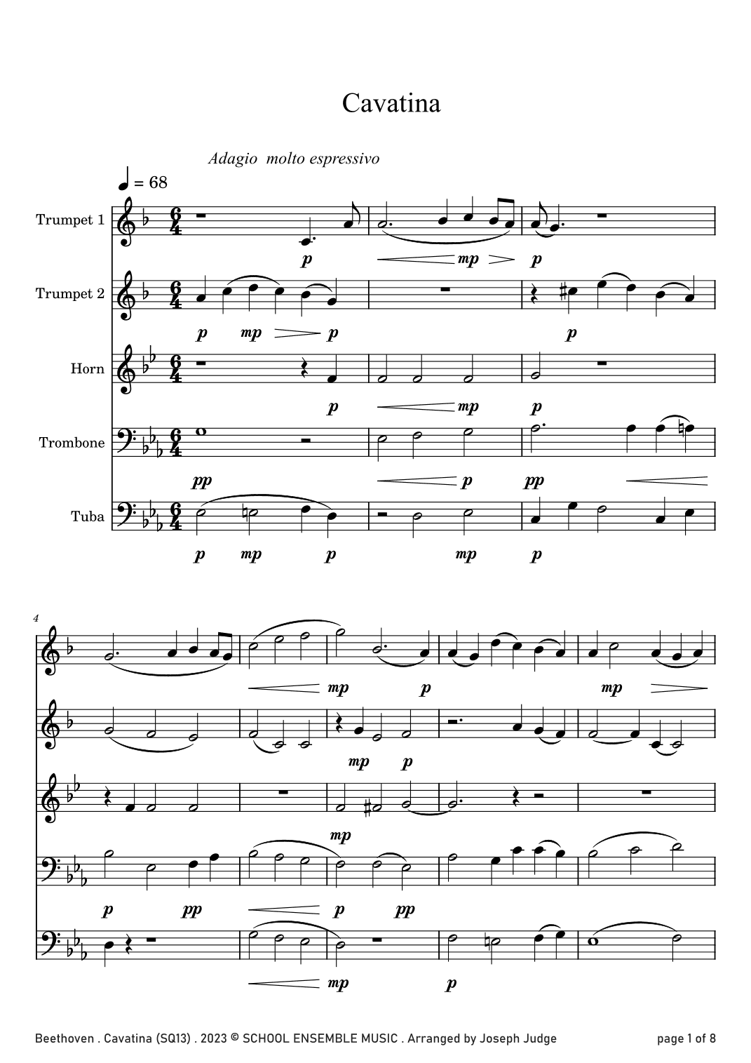 Cavatina by Beethoven for Brass Quintet in Schools (arr. Joseph Judge)