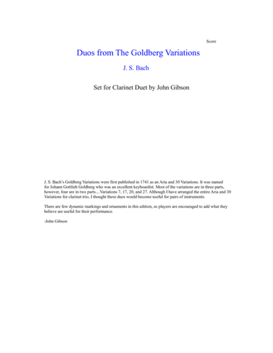 J. S. Bach Duos from The Goldberg Variations set for Clarinet Duet (arr. John Gibson)