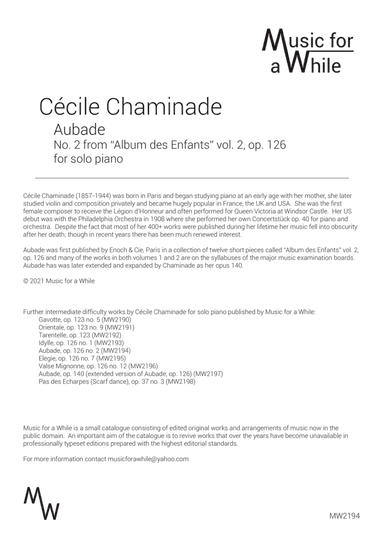 Cécile Chaminade - Aubade op. 126 no. 2 for solo piano (arr. Music for a While)