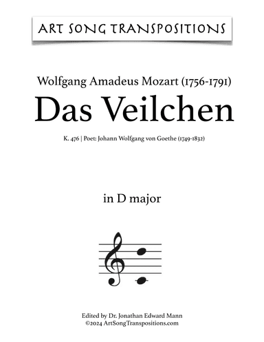MOZART: Das Veilchen, K. 476 (transposed to D major) (arr. ArtSongTranspositions.com)