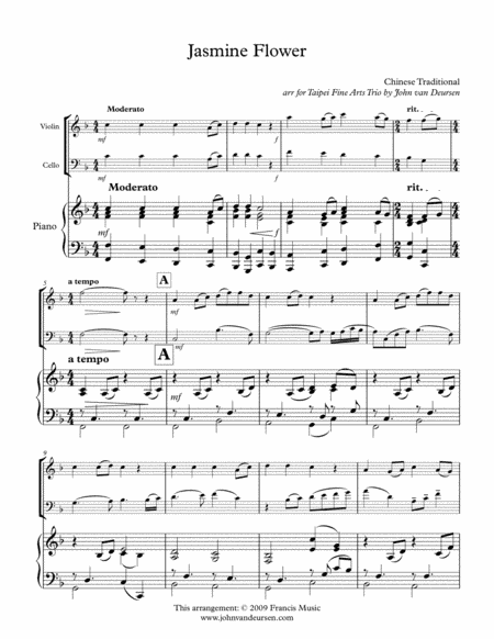 Jasmine Flower (Mo Li Hua) 茉莉花 for Trio (Violin, VC, Piano) (arr. John van Deursen)