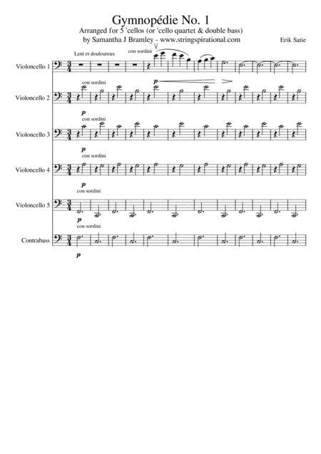 Gymnopédie No. 1 arranged for 'cello/bass ensemble (arr. Samantha J Bramley - stringspirational@gmail.com)