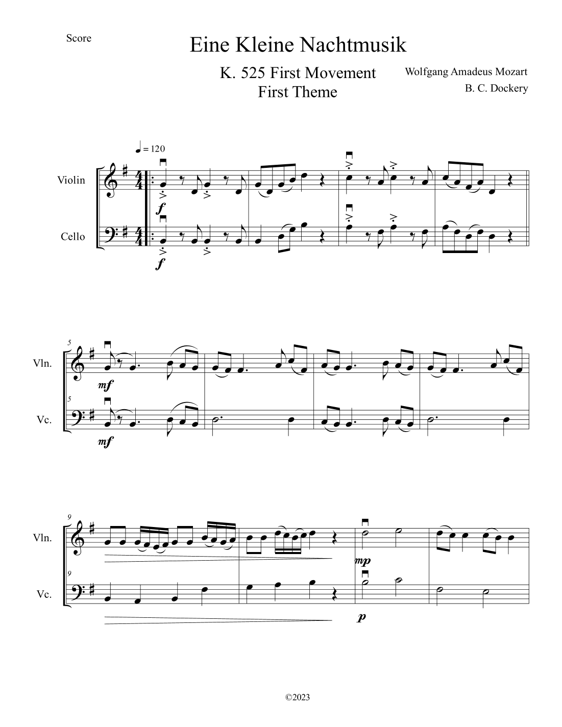 Eine Kleine Nachtmusik (A Little Night Music) for Violin and Cello Duet (arr. B. C. Dockery)