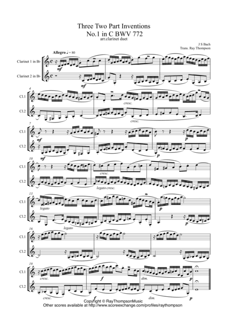 Bach: 3 Two Part Inventions (Nos.1,3 & 4) - clarinet duet (additional opt. bass clt) (arr. Ray Thompson)