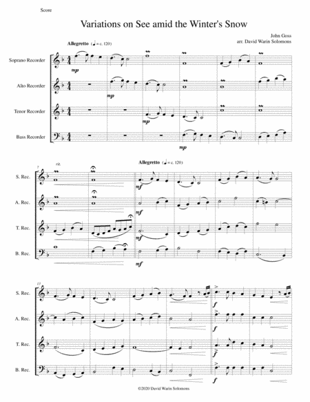 Variations on See amid the Winter's Snow for recorder quartet (arr. David Warin Solomons)