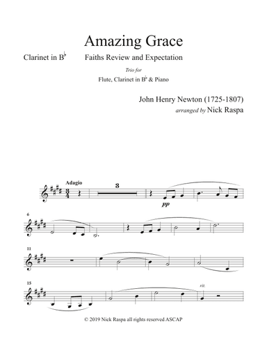 Amazing Grace (Trio - Flute, Clarinet & Piano) B Flat Clarinet part (arr. Nick Raspa)