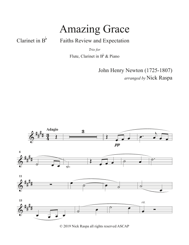 Amazing Grace (Trio - Flute, Clarinet & Piano) B Flat Clarinet part (arr. Nick Raspa)