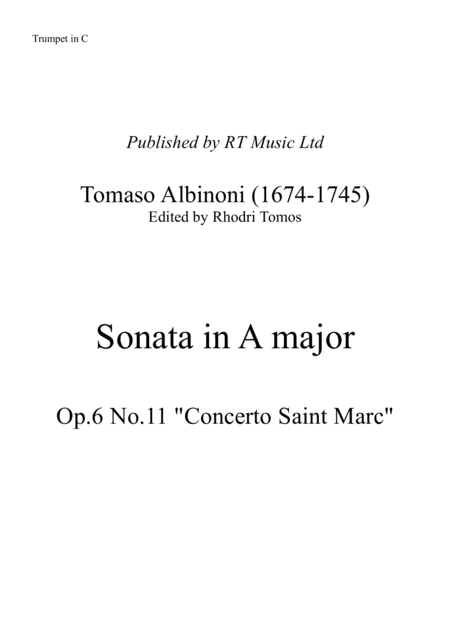 Albinoni - Op.6 No.11 Concerto "San Marco" Sonata in A major. Solo trumpet parts. (arr. Rhodri Tomos)