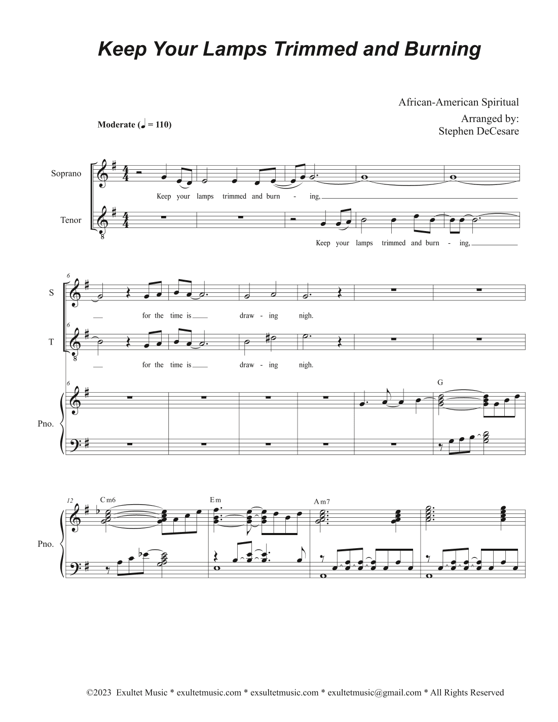 Keep Your Lamps Trimmed And Burning (2-part choir - (Soprano and Tenor) (arr. Stephen DeCesare)