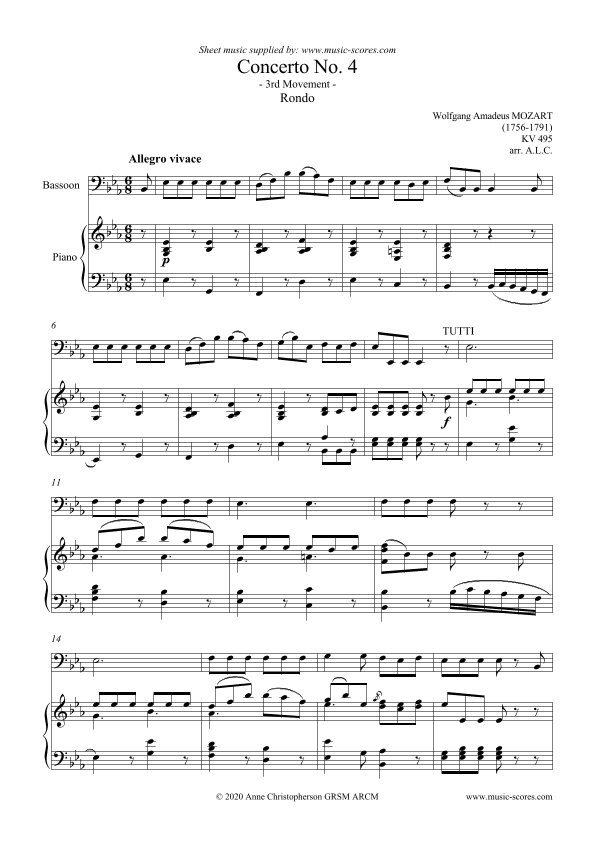 3rd Movement, Rondo, from Mozart's Horn Concerto no. 4 - Bassoon and Piano (arr. Anne L Christopherson GRSM ARCM)